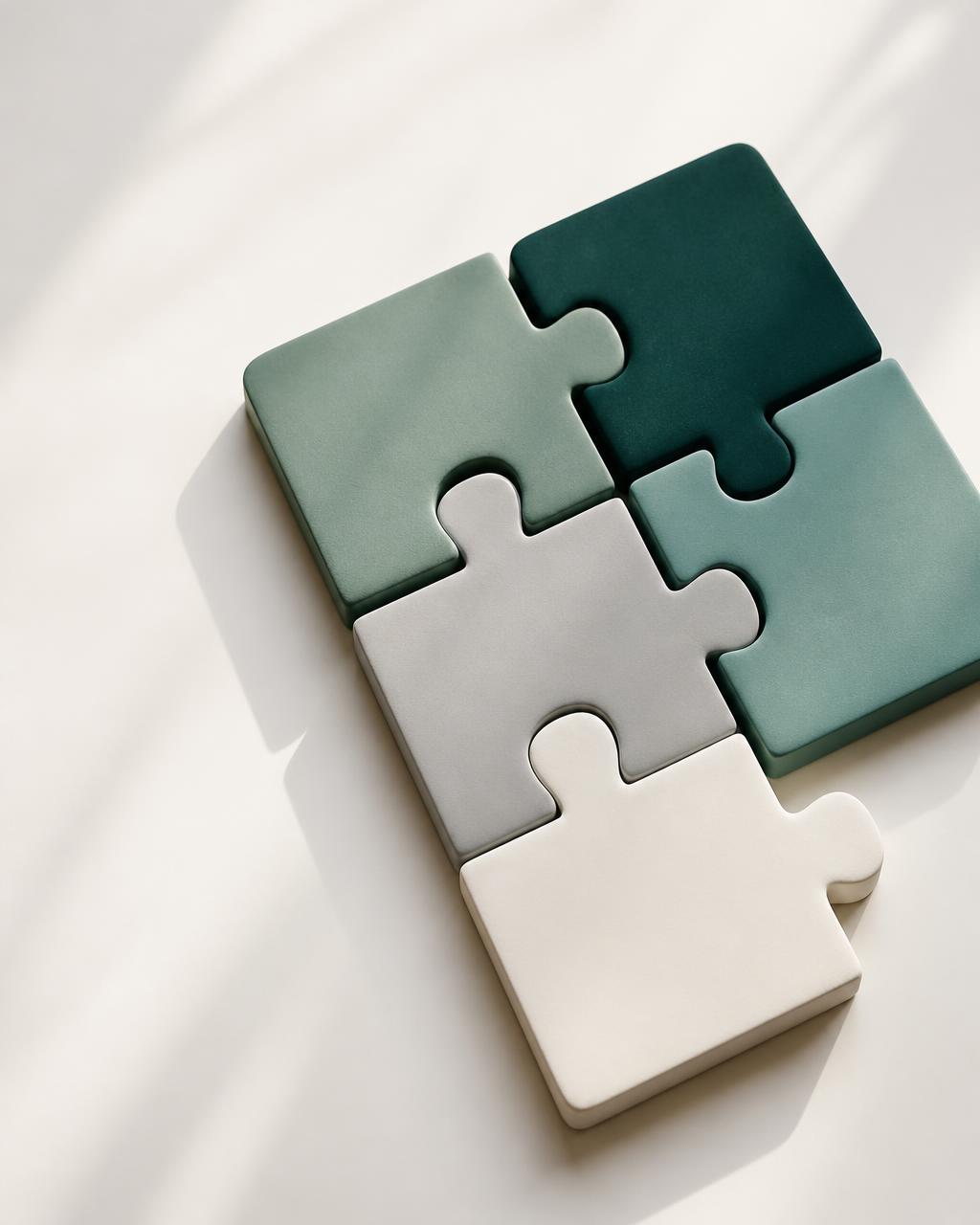 Interlocking puzzle pieces representing strategy, collaboration, and fit
